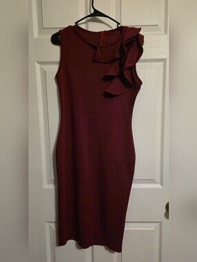 One-Shoulder Ruffle Sheath Dress in Burgundy